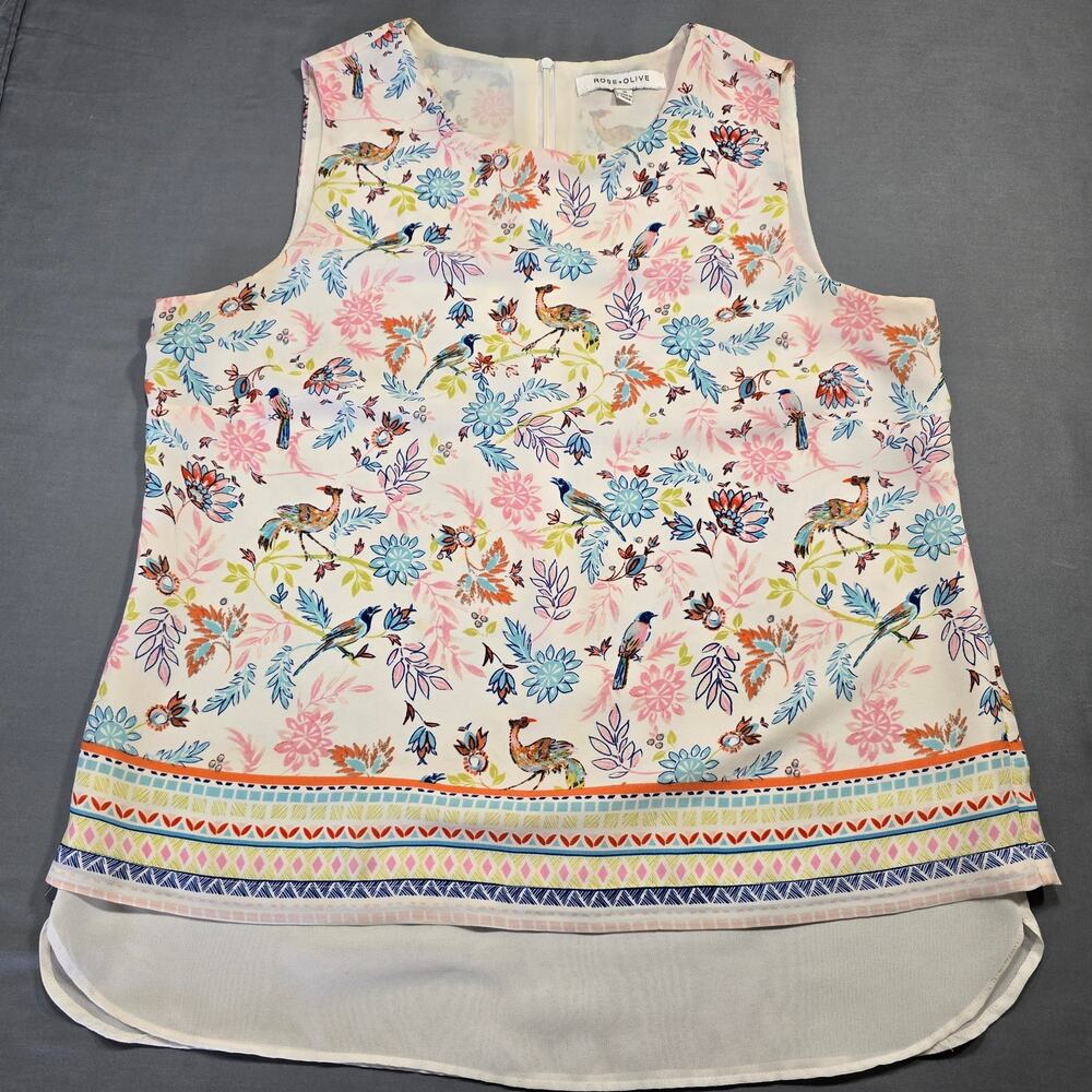 Rose+Olive White Sleeveless Blouse Preppy Floral Scoop Neck Women's Size M Tank